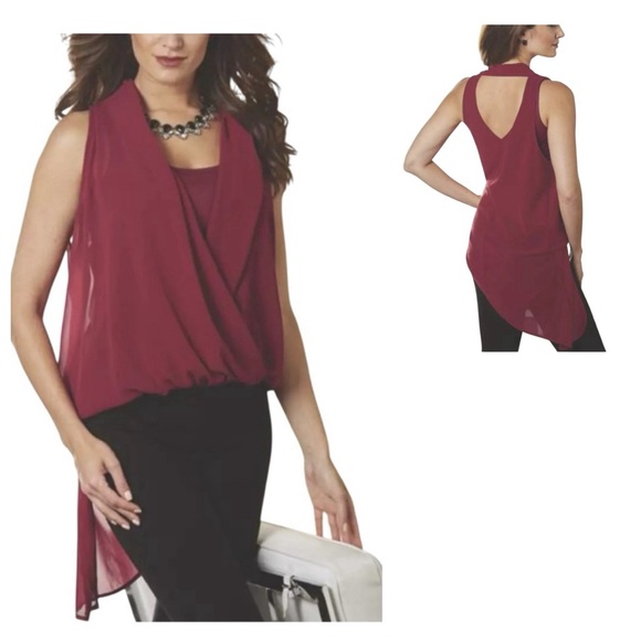 Midnight Velvet Tops - Chiffon Overlay Blood Red Blouse Pin-Up Blouse Tunic Cocktail Party Top size XL